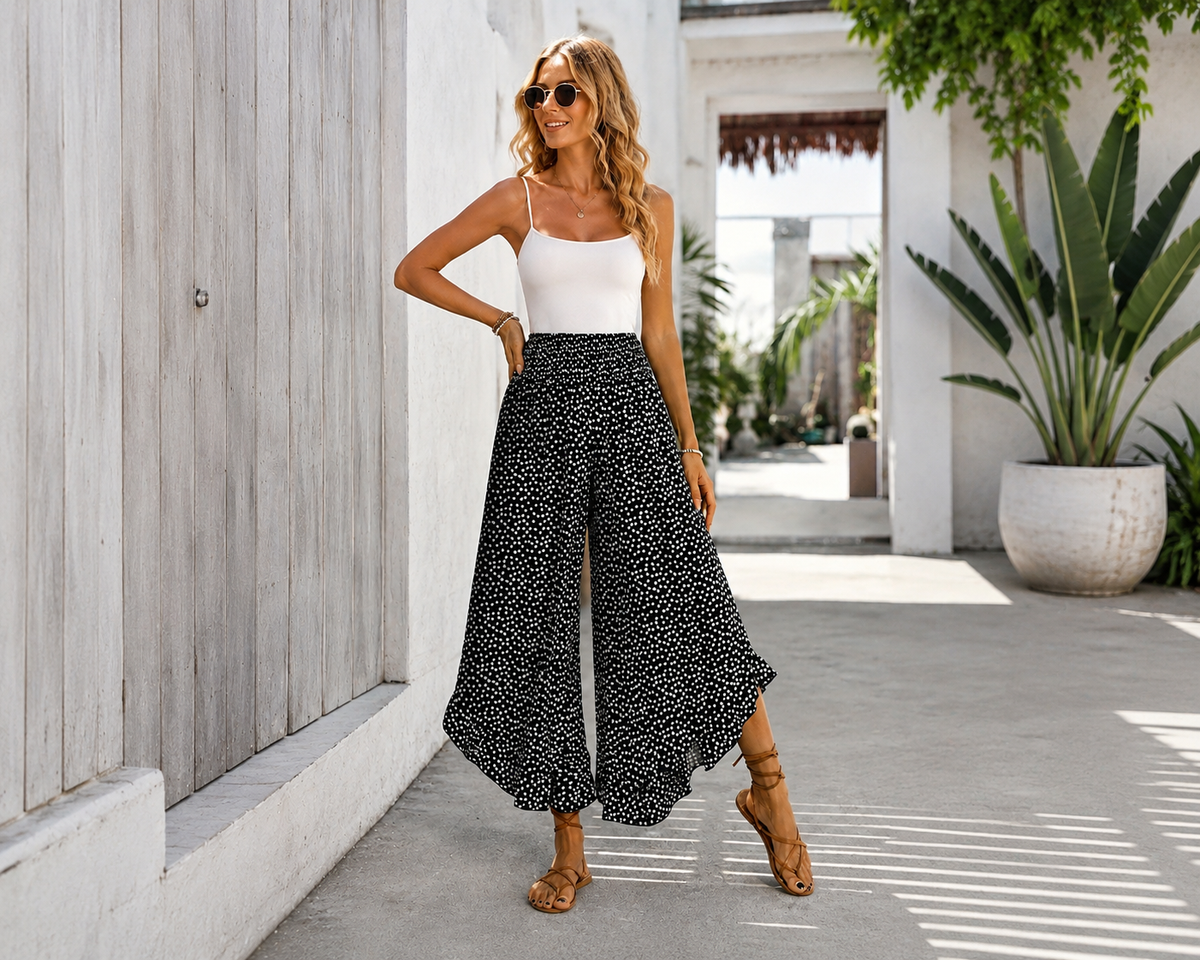Sofia — Pantalon large taille haute à pois