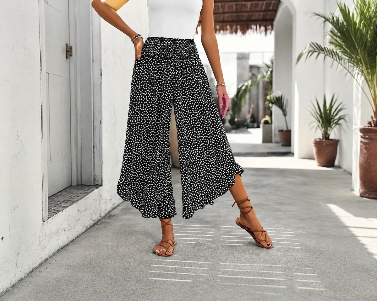Sofia — Pantalon large taille haute à pois