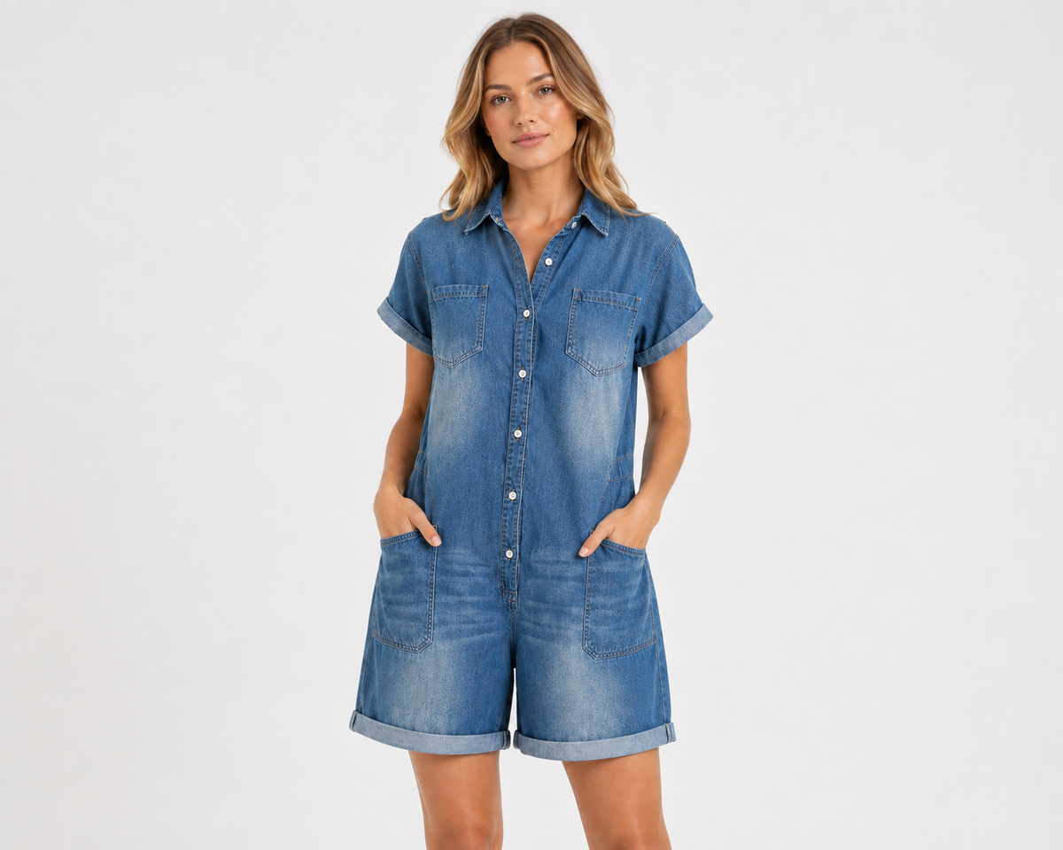 Nola — Combishort en denim délavé à poches