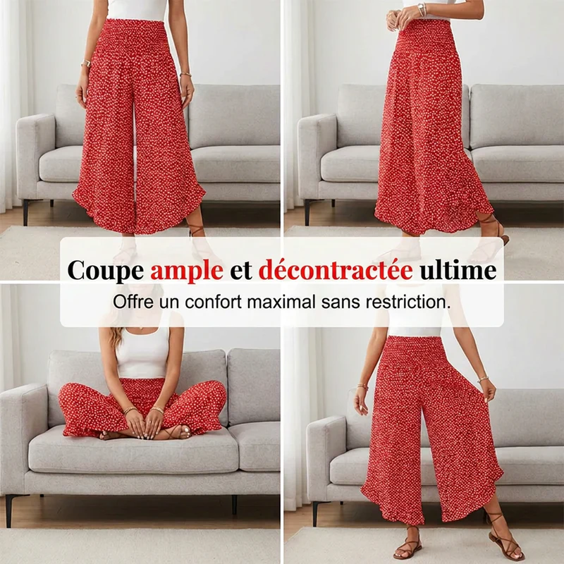 Pantalon large taille haute à pois pour femme