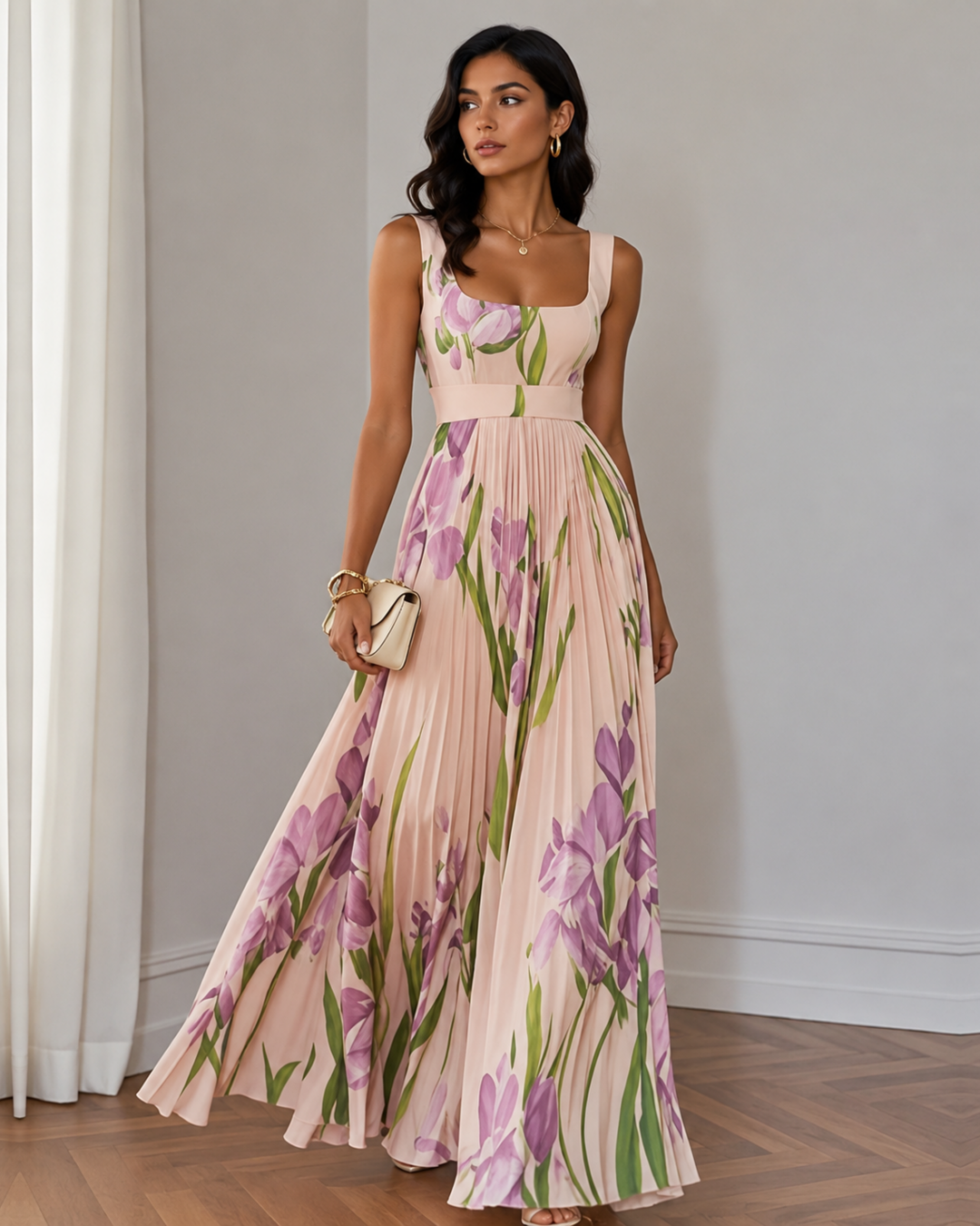 Luna — Robe longue plissée à imprimé floral